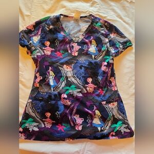Colorful Alice in Wonderland Themed Scrub Top